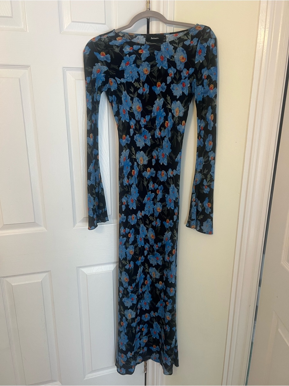 Reformation Par Black Maxi Dress with Blue Floral Print